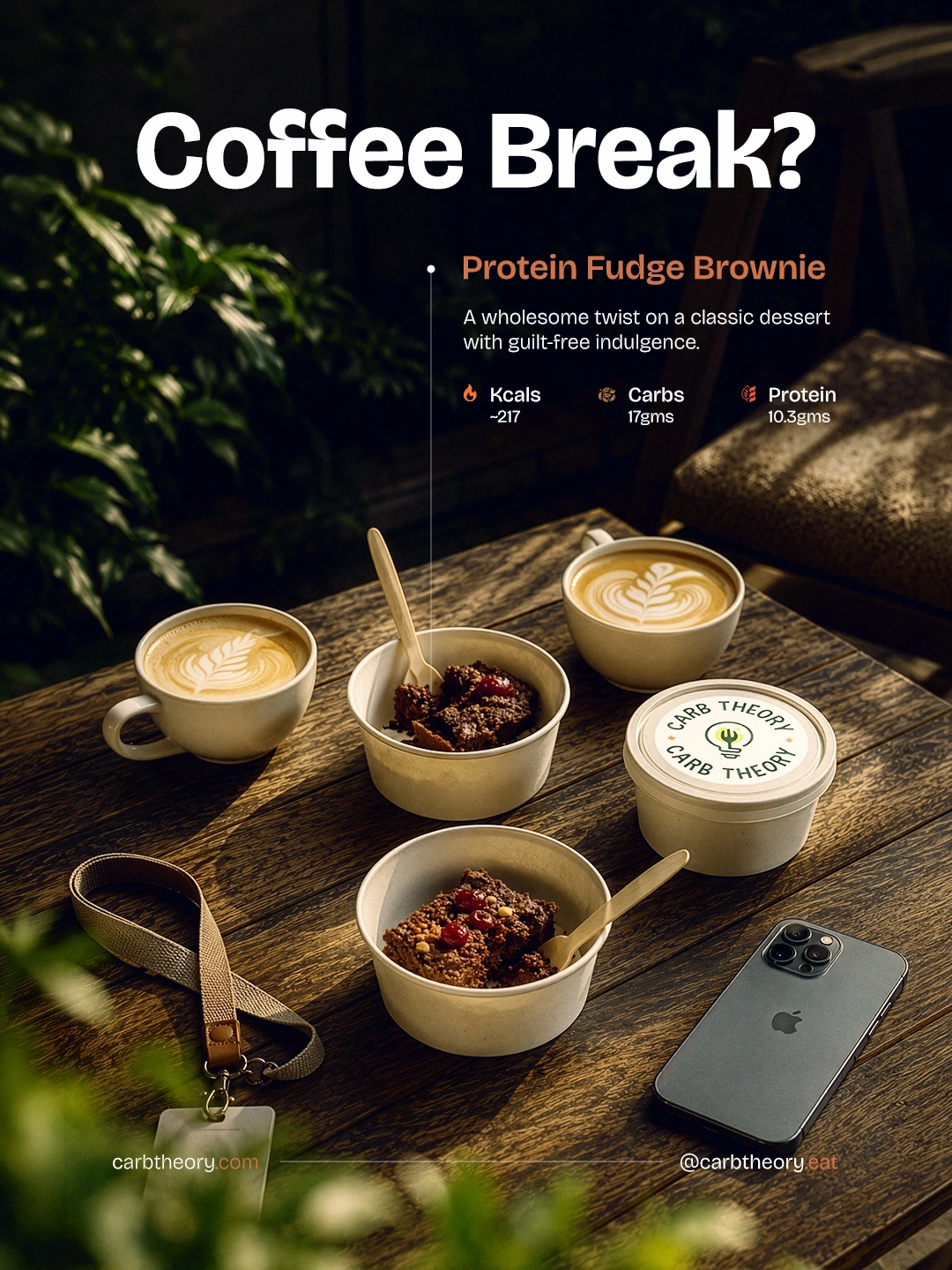 Coffee break setup with coffee cups, protein fudge brownie containers, and nutritional info for corporate meals in Bengaluru