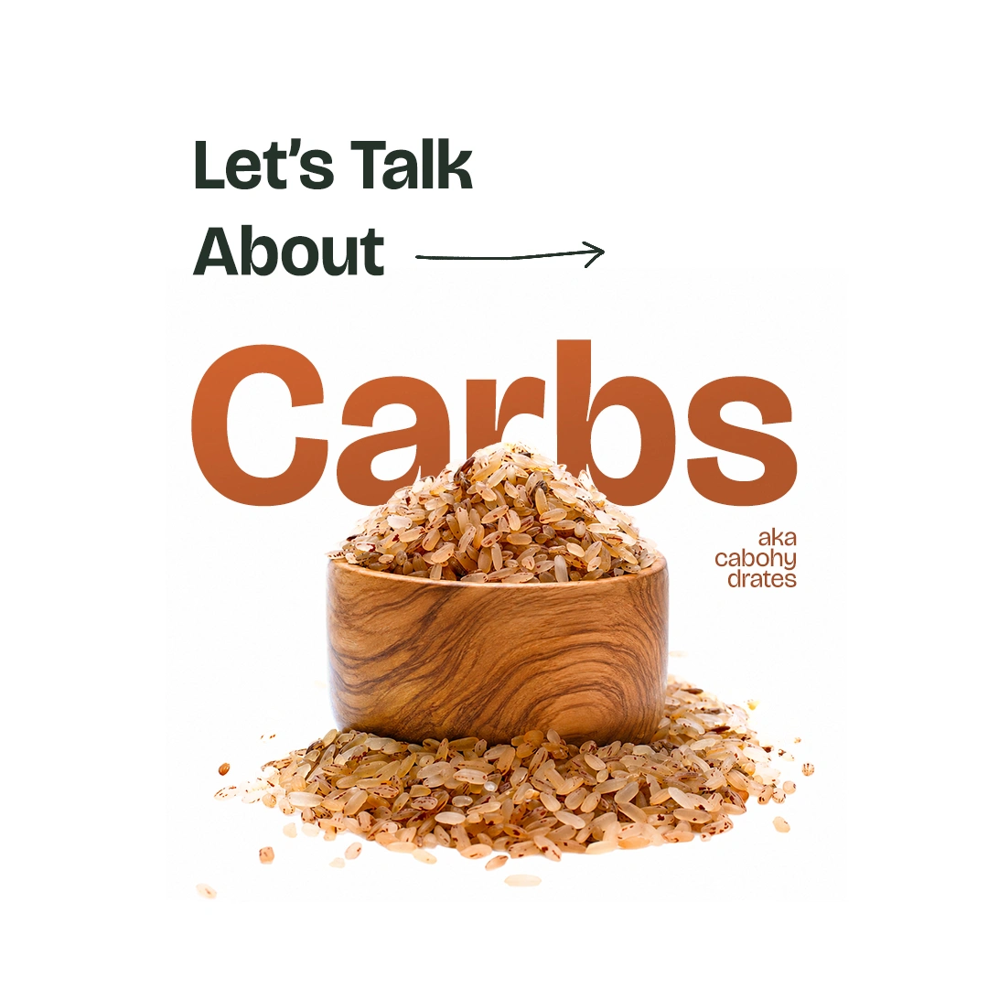 Promotional graphic featuring a wooden bowl of brown rice and text Let's Talk About Carbs for corporate meals in Bengaluru