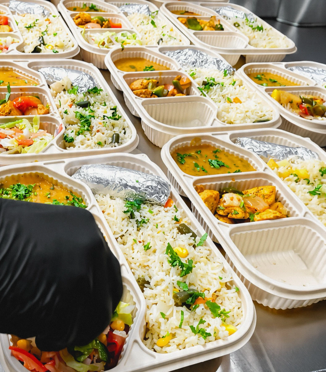Kitchen staff packing healthy office lunch boxes with seasoned rice and veggies at Carb Theory Bangalore